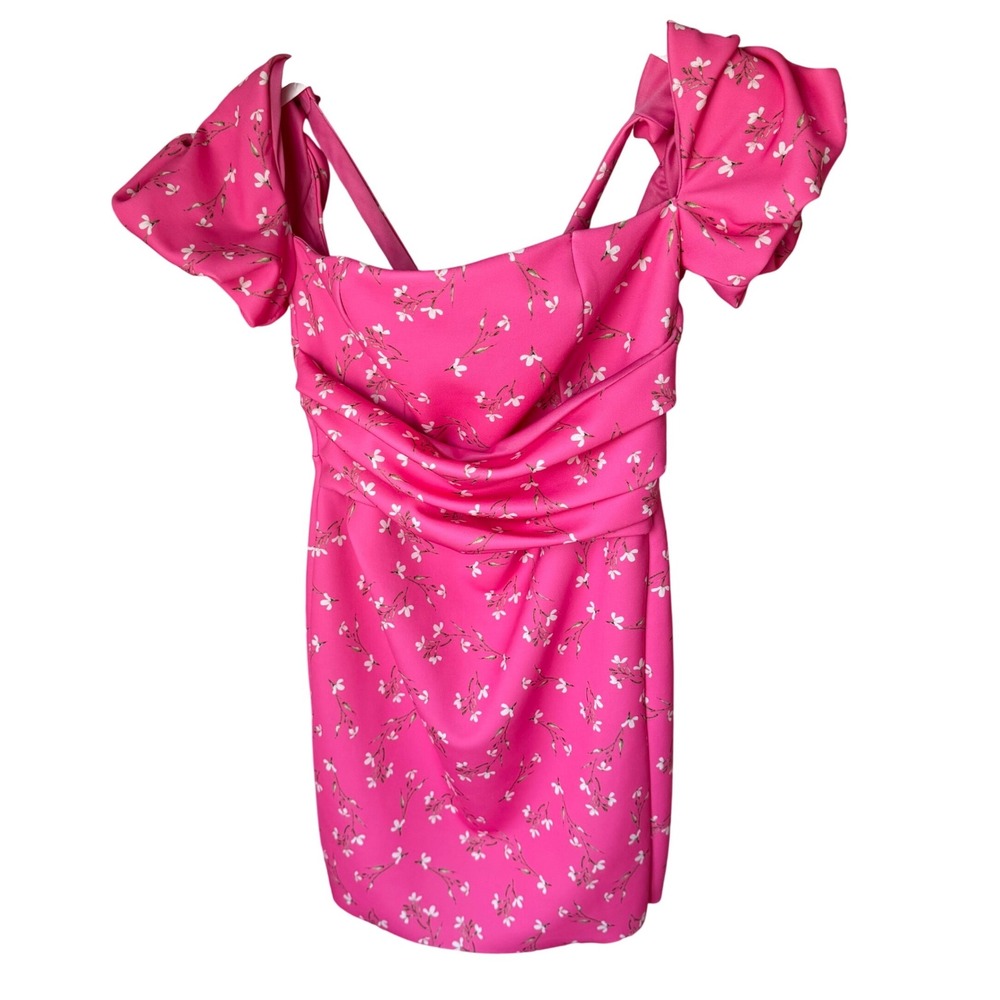 ASOS Pink Floral Draped‎ Mini Dress Puff Sleeve Tie Back, 4